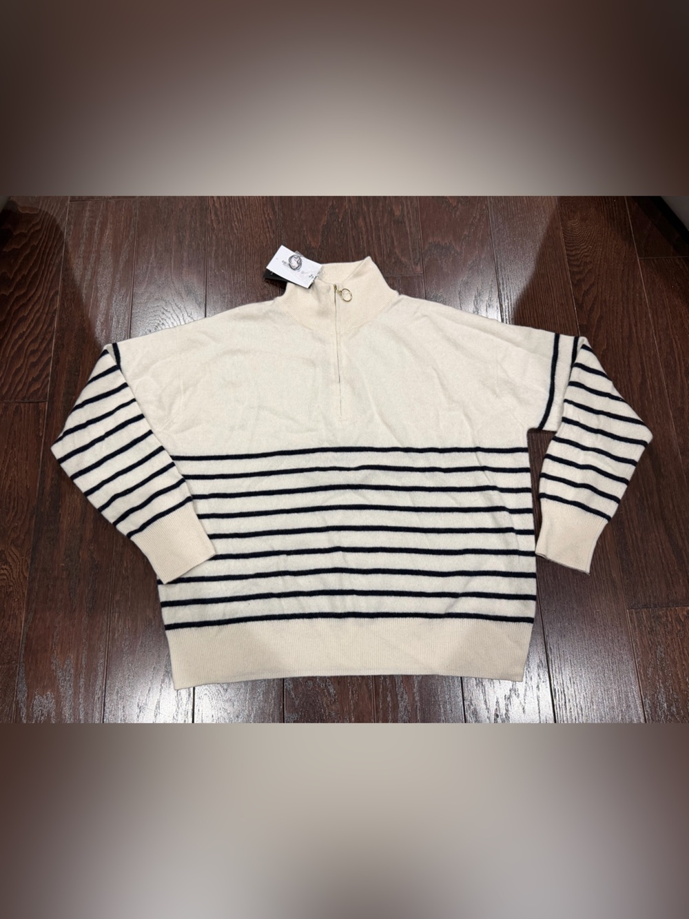 C by Bloomingdale's Women Ivory Stripe Cashmere Quarter Zip Sweater Large NEW